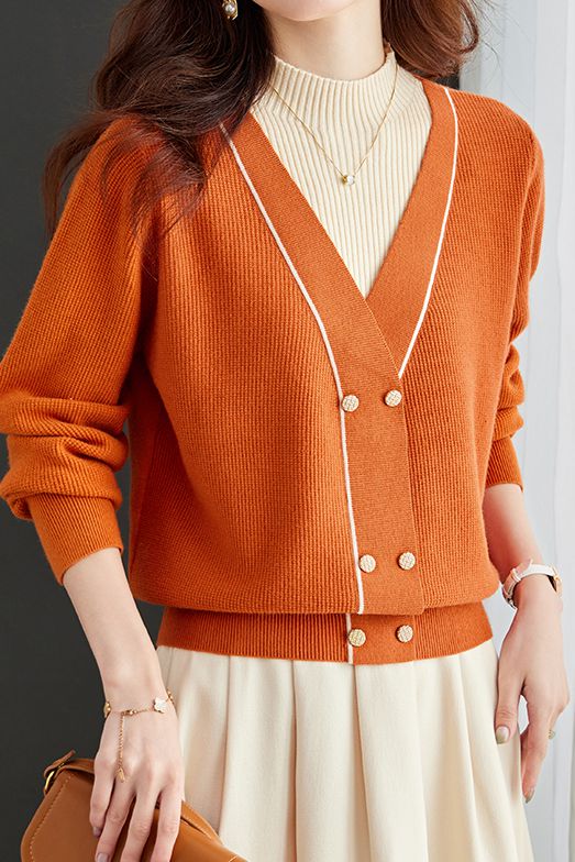 Contrast - color fake two - piece knitted sweater - liwisi