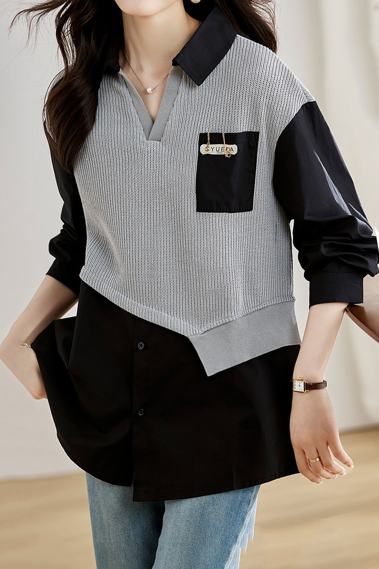 Layered Look Skipper Collar Knit Shirt - liwisi