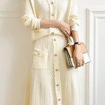 二点セット Vネックフリンジ装飾ニットトップス+フリンジ装飾ロングフレアスカート 3色入 - liwisi