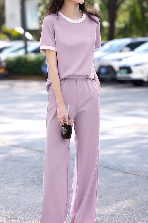 Casual color-block short-sleeve long pants two-piece set. - liwisi