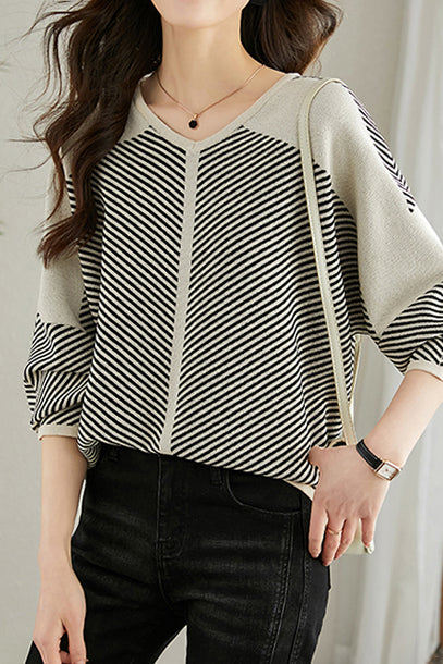 V-Neck Diagonal Stripe Contrast Knit Top - 2 Colors Available - liwisi