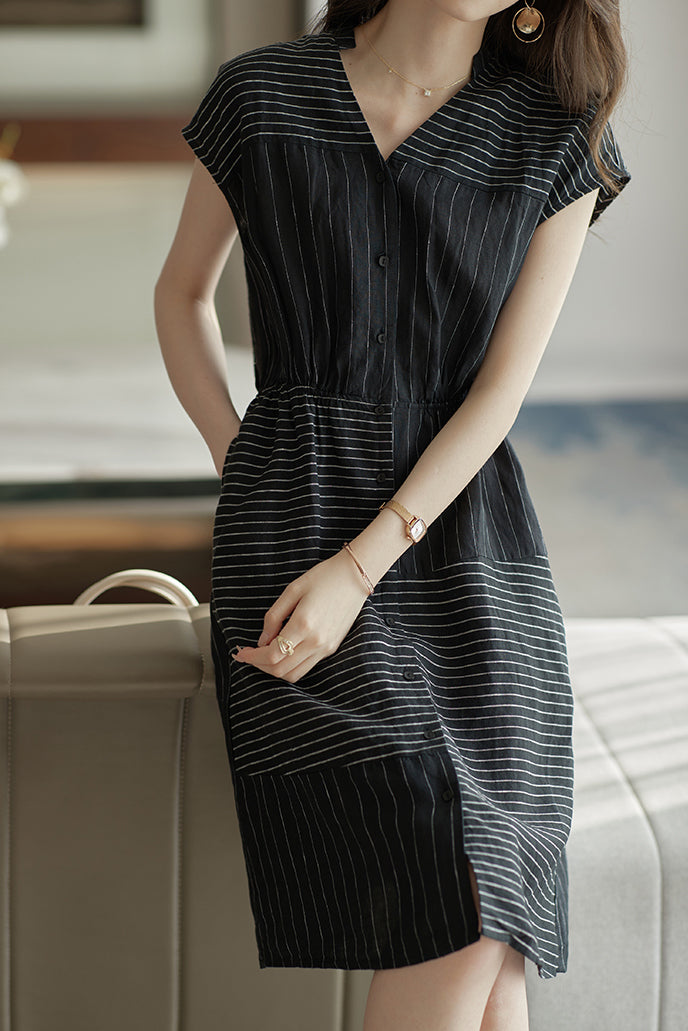 Skipper Collar Striped Docking Linen Dress - liwisi