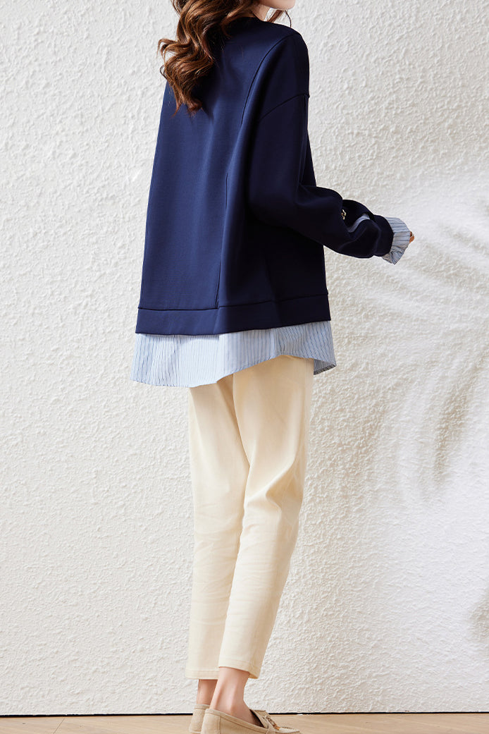 Layered Look Drop Shoulder Striped Contrast Sweatshirt - liwisi