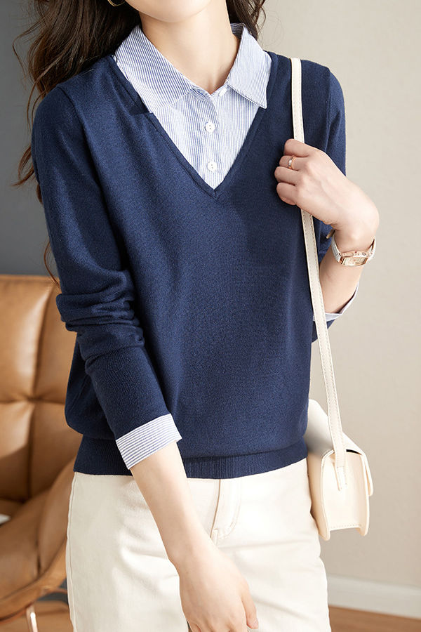 Casual Office Polo Collar Spliced Fake Two-Piece Knit Top - liwisi