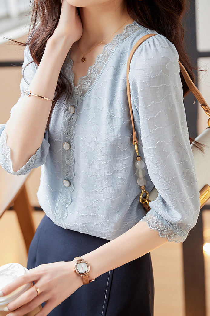 V-Neck Star Pattern Lace Hem Short Sleeve Blouse with Lining - liwisi