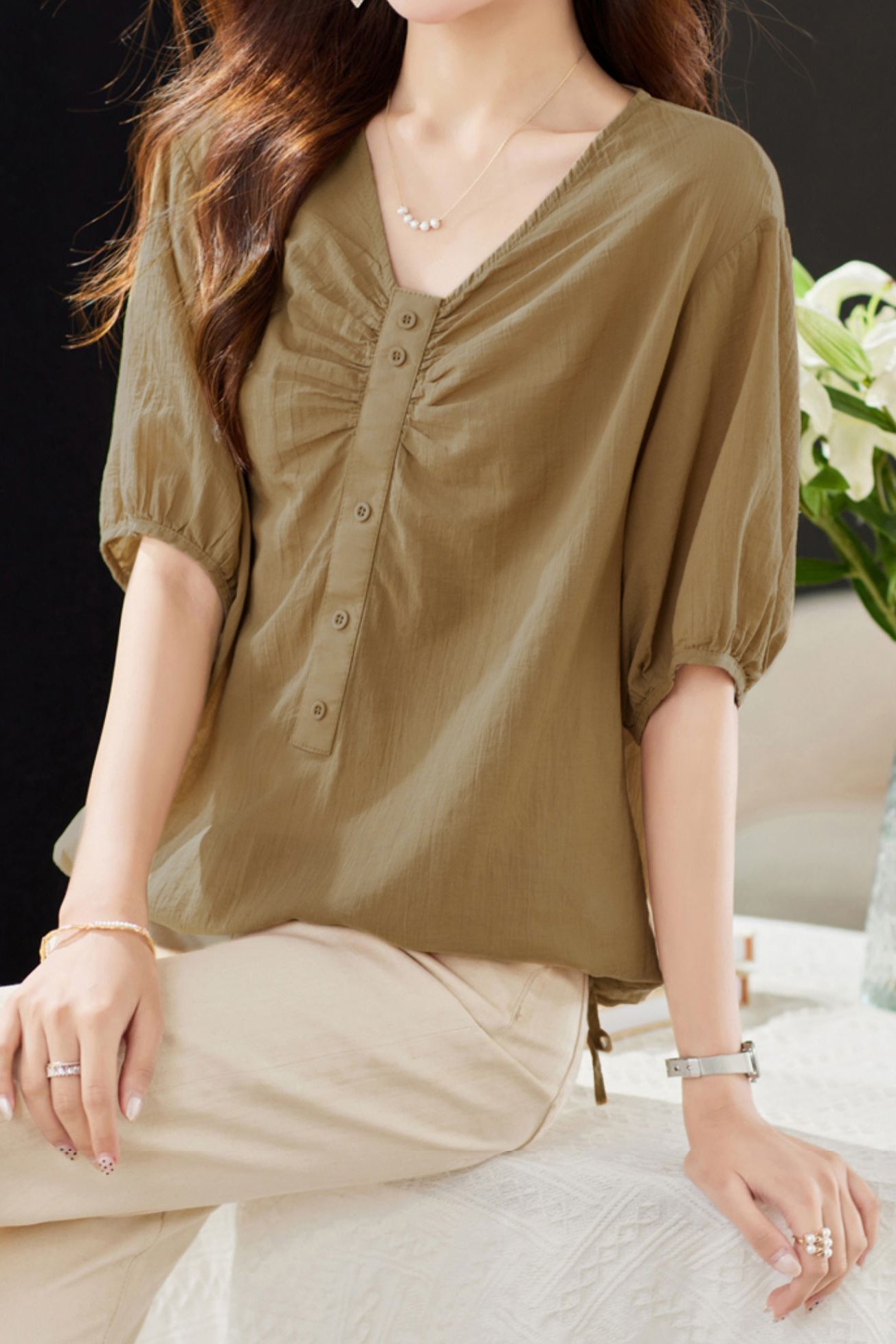 V-Neck Front Button Decor Drawstring Gathered Blouse - 3 Colors Available - liwisi