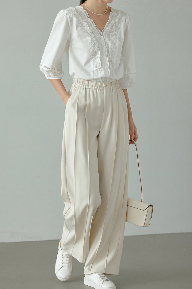 Scalloped V-Neck Embroidered Lace Contrast Puff Blouse - liwisi