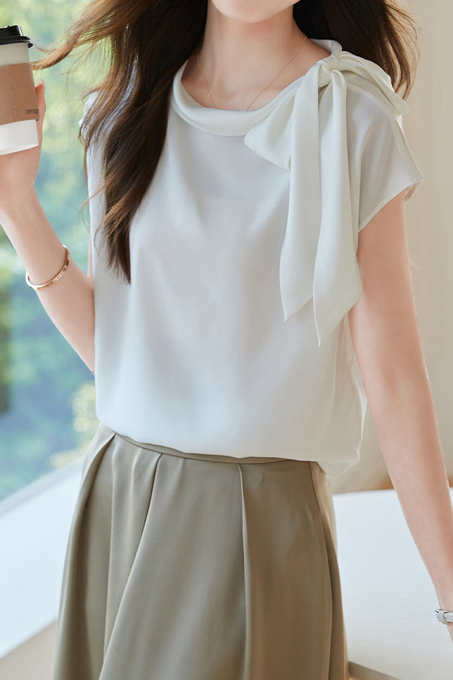 Diagonal Bow Tie Collar Drop Shoulder Satin Blouse - 2 Colors Available - liwisi