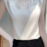 Round Neck Embroidered Lace Contrast Satin Vest - 3 Colors Available - liwisi