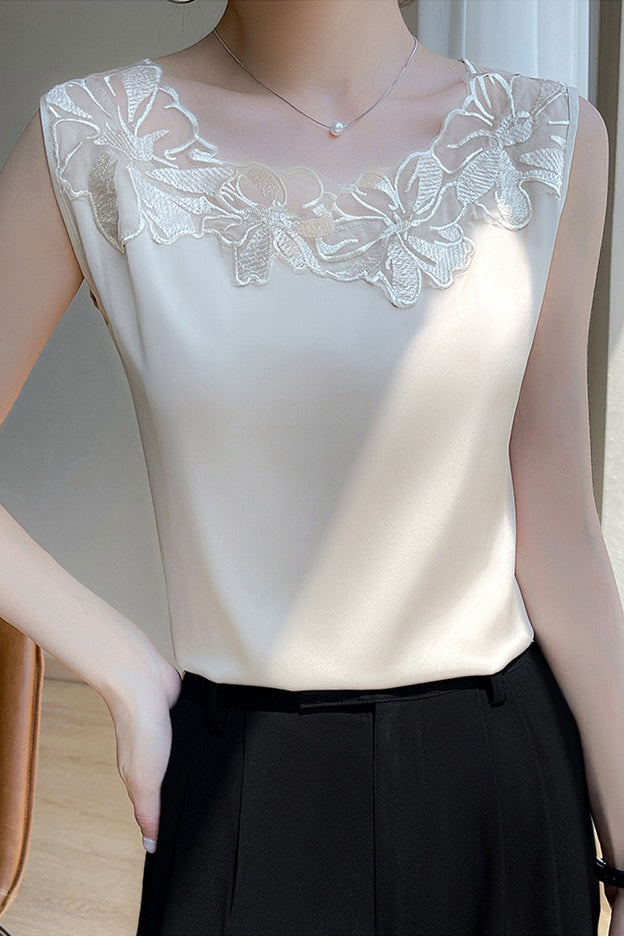 Round Neck Embroidered Lace Contrast Satin Vest - 3 Colors Available - liwisi
