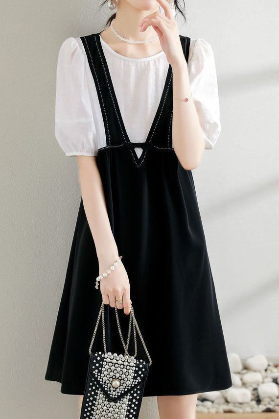 Layered Look Stitch Decor Semi-Flare Dress - 2 Colors Available - liwisi