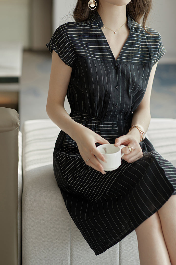 Skipper Collar Striped Docking Linen Dress - liwisi