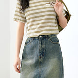 Round Neck Butterfly Embroidered Decor Striped T-Shirt - liwisi