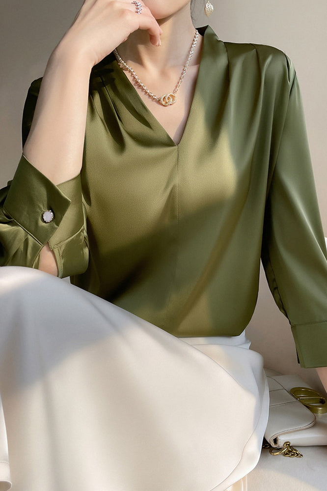 V-Neck Front Tuck Satin Blouse - 5 Colors Available - liwisi