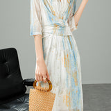V-Neck Colorful Ink Print Long Dress with Lining - liwisi