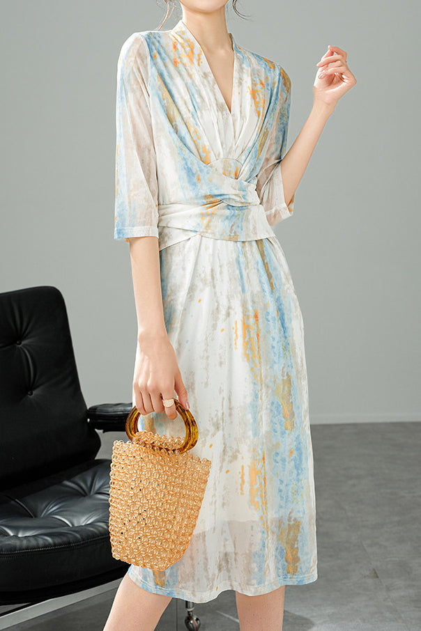 V-Neck Colorful Ink Print Long Dress with Lining - liwisi