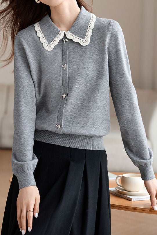 Exquisite Lace Ribbon Lapel Knit Sweater - liwisi