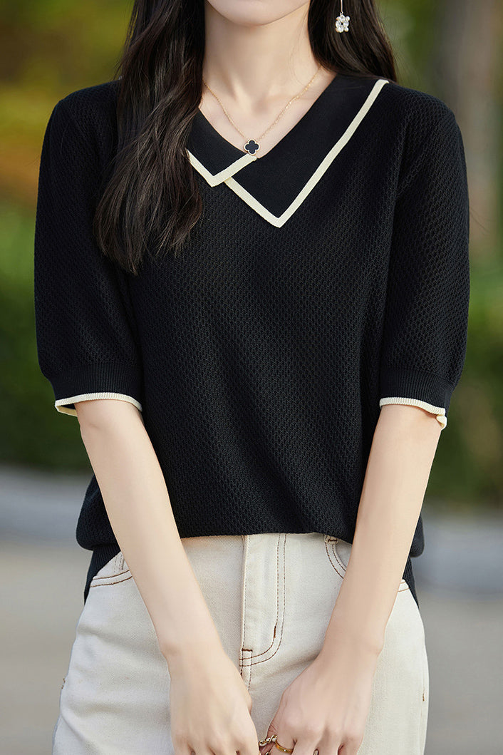 Asymmetrical Chelsea Collar Short Sleeve Knit - 3 Colors Available - liwisi