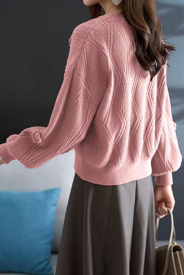 Elegant Loose Lantern Sleeve 3D Flower Pullover Sweater - liwisi