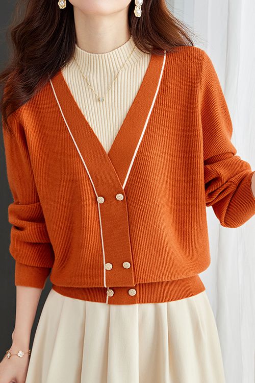 Contrast - color fake two - piece knitted sweater - liwisi