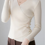 V-Neck Front Cross Side Gathered Button Decor Knit - 4 Colors Available - liwisi