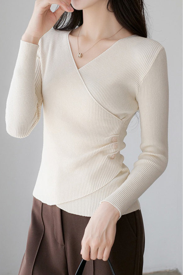 V-Neck Front Cross Side Gathered Button Decor Knit - 4 Colors Available - liwisi