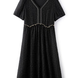 V-Neck Ruffle Decor Dot Pattern Sheer Dress with Lining - liwisi