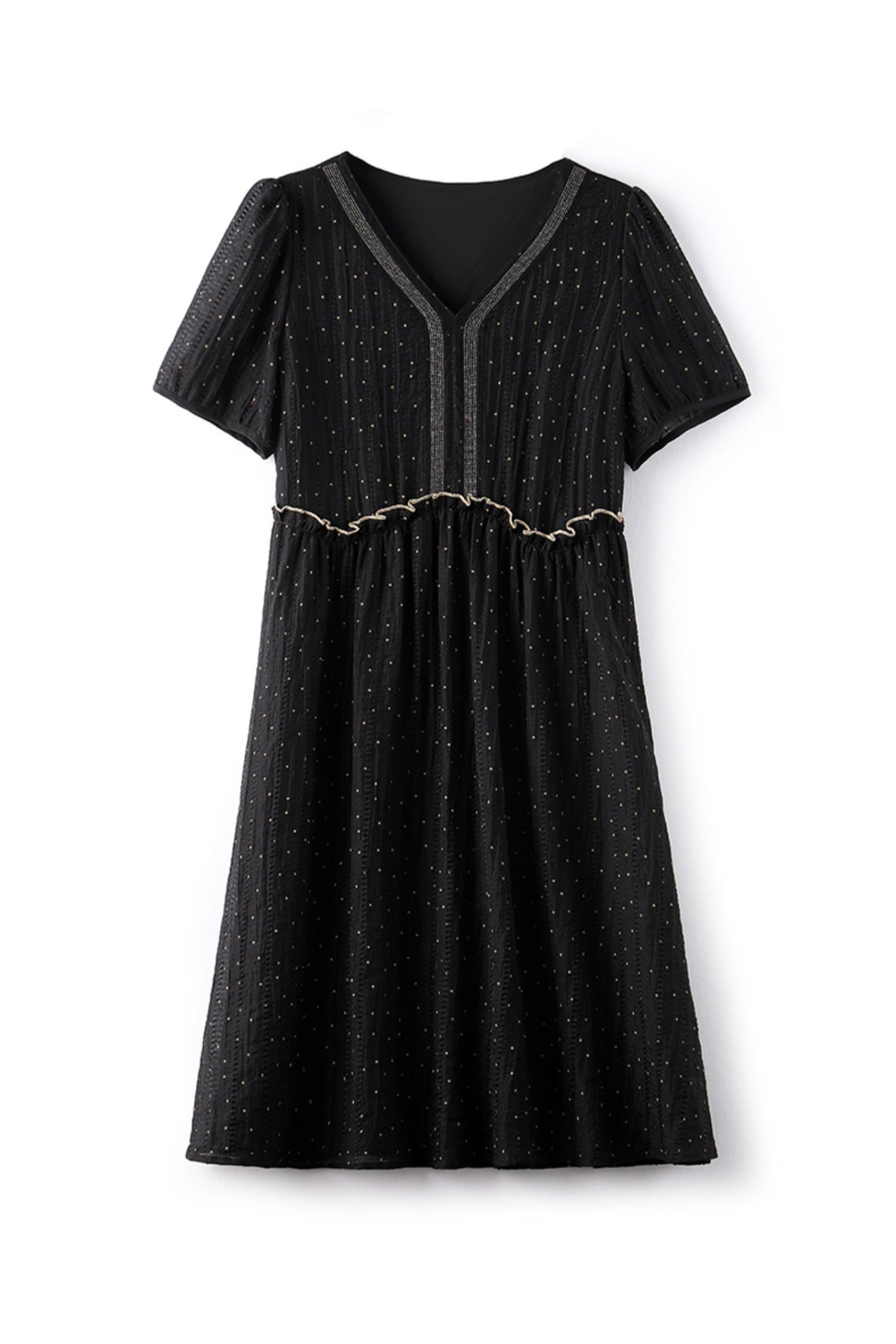 V-Neck Ruffle Decor Dot Pattern Sheer Dress with Lining - liwisi