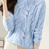 Casual Versatile Half-High Neck Hollow-Out Solid-Color Knitted Top