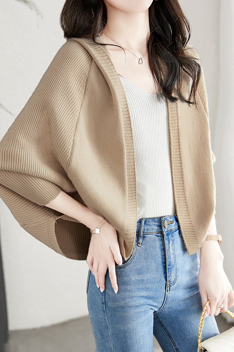 Plain Batwing Sleeve Hooded Knit Cardigan - liwisi