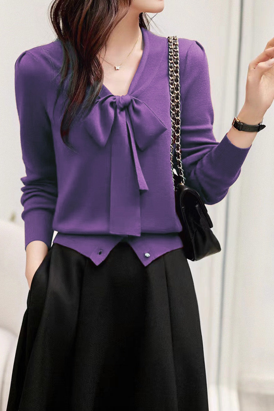 V-Neck Ribbon Tie Wool-Like Knit - 5 Colors Available - liwisi