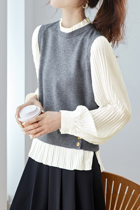 Elegant Office Patchwork Fake Two-Piece Knit Top - liwisi
