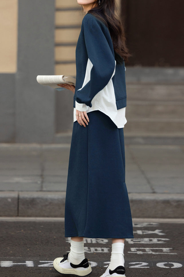 Casual Color Block Sweatshirt and Skirt Set - liwisi