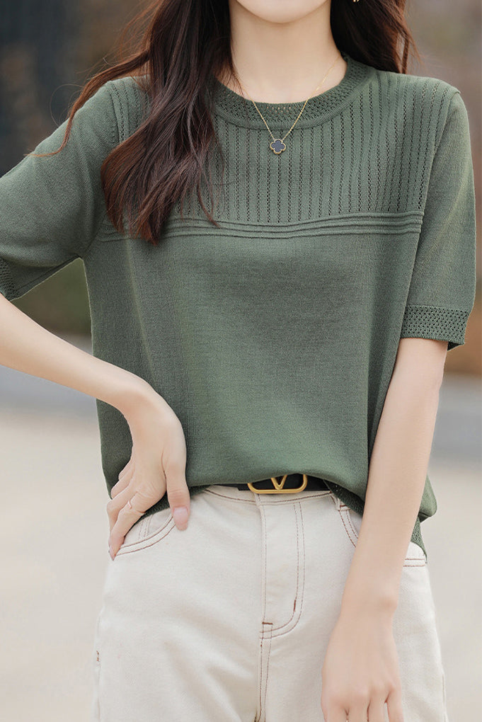 Round Neck Openwork Knit Top - 5 Colors Available - liwisi