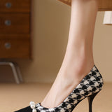 Elegant Houndstooth Pearl High Heels - liwisi