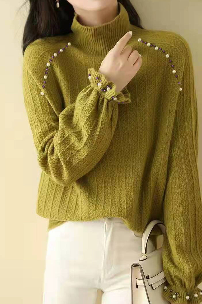 Elegant beaded high - neck knitted sweater - liwisi