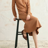 二点セット Vネックフリンジ装飾ニットトップス+フリンジ装飾ロングフレアスカート 3色入 - liwisi