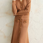 二点セット Vネックフリンジ装飾ニットトップス+フリンジ装飾ロングフレアスカート 3色入 - liwisi