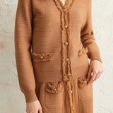 二点セット Vネックフリンジ装飾ニットトップス+フリンジ装飾ロングフレアスカート 3色入 - liwisi