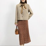 ボウタイカラーサテン切替ツイードジャケット 裏地付 2色入 - liwisi