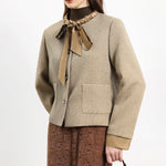 ボウタイカラーサテン切替ツイードジャケット 裏地付 2色入 - liwisi