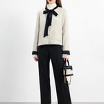 ボウタイカラーサテン切替ツイードジャケット 裏地付 2色入 - liwisi