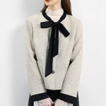 ボウタイカラーサテン切替ツイードジャケット 裏地付 2色入 - liwisi