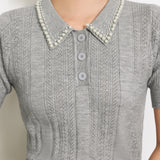 Pearl-Decorated Stand Collar Aran Knit Top - liwisi