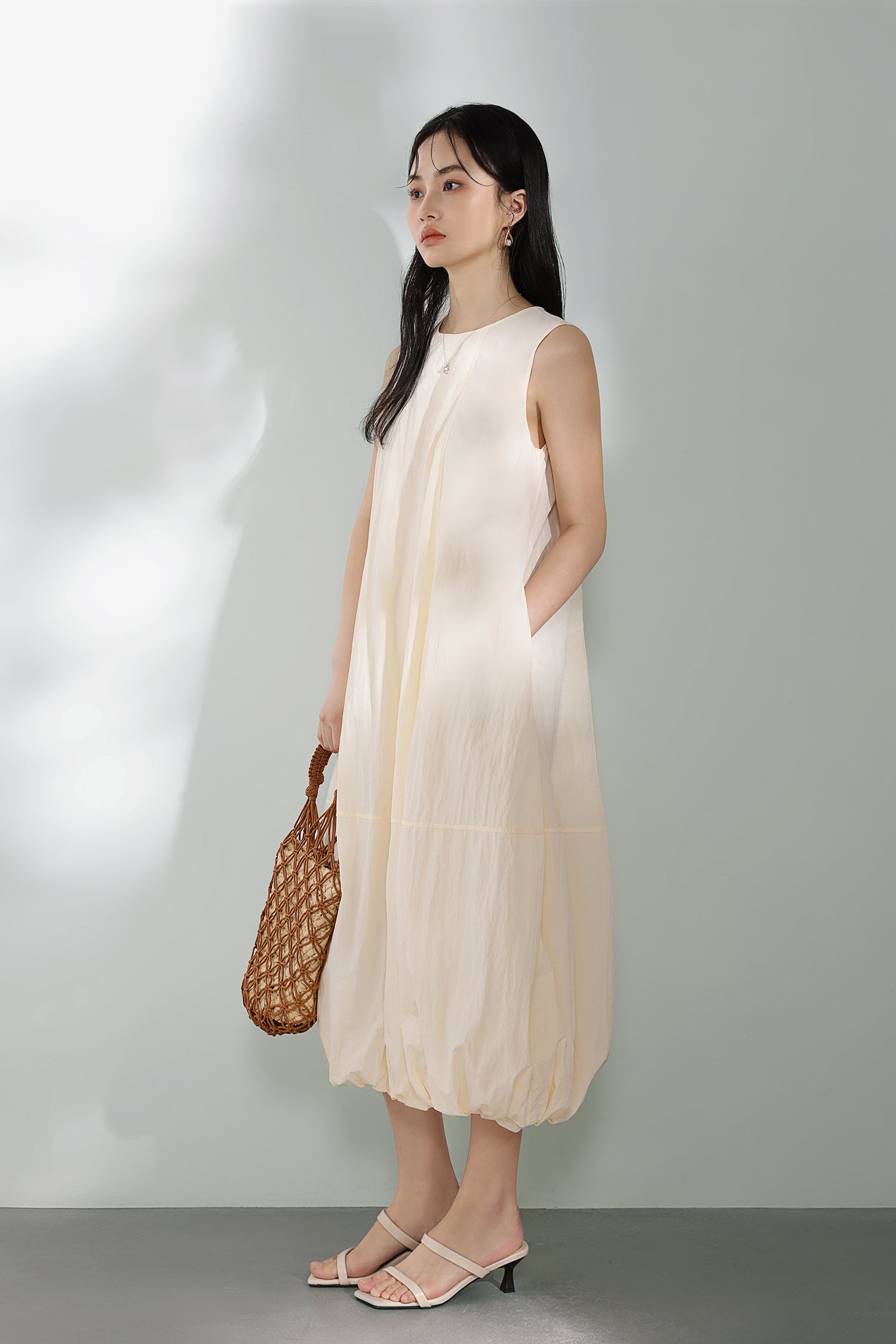 Round Neck Long Balloon Tank Dress with Lining - liwisi
