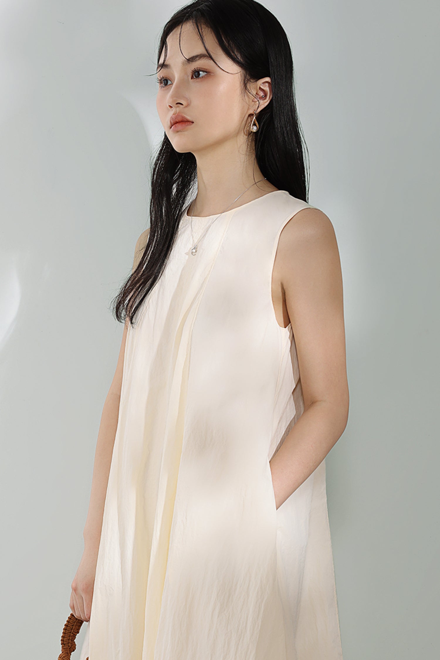 Round Neck Long Balloon Tank Dress with Lining - liwisi
