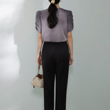 Mixed Material Round Neck Gathered Sleeve Blouse - 2 Colors Available - liwisi