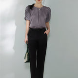 Mixed Material Round Neck Gathered Sleeve Blouse - 2 Colors Available - liwisi