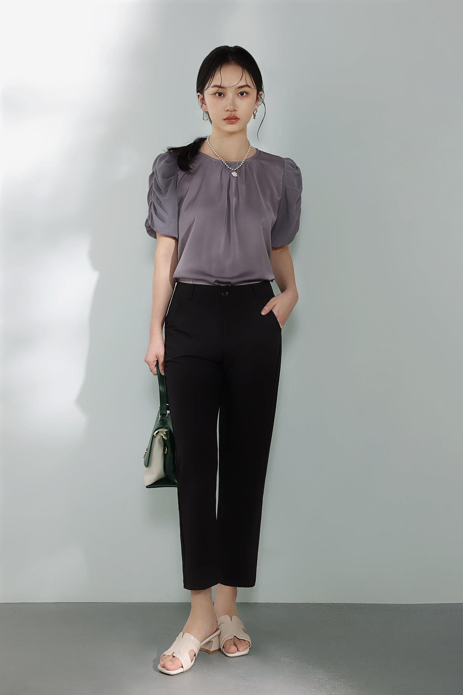 Mixed Material Round Neck Gathered Sleeve Blouse - 2 Colors Available - liwisi