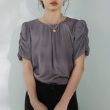 Mixed Material Round Neck Gathered Sleeve Blouse - 2 Colors Available - liwisi
